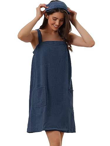 cheibear Women Terry Towel Dress Wrap Bathrobe with Pockets Headband - color: Navy, size: Medium