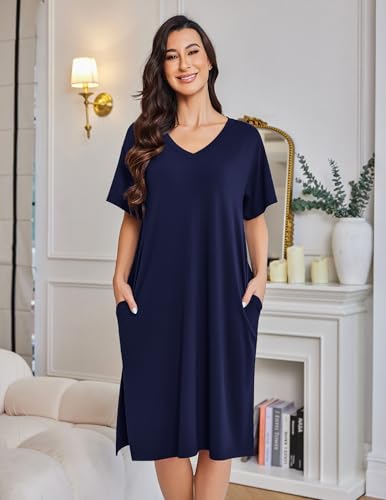 Ekouaer Womens Plus Size Nightgown Bamboo Viscose Short Sleeve Sleepshirt - color: Navy Blue, size: Medium