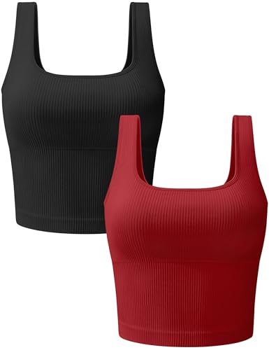 OLCHEE Womens 2 Pack Crop Tank Tops Square Neck Workout Top Padded - color: Black + Red, size: X-Large