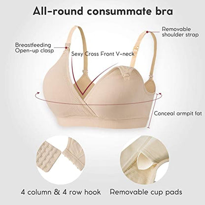 Vinfact 3 Pack Nursing Bras for Breastfeeding Women Maternity Bras - color: Black/Nude/Grey, size: Small