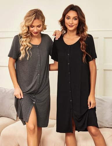 Ekouaer 2 Pack Nightgowns for Women Button Down Sleepshirts Night Gowns - color: Black, Light Grey, size: X-Large