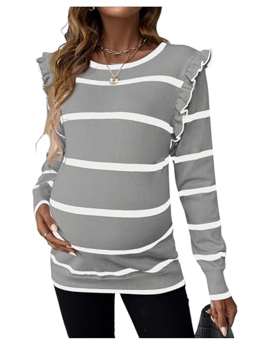 BEAUDRM Women's Maternity Sweater Striped Pattern Round Neck Long Sleeve Ruffle Tops - color: Dusty Blue, size: Small