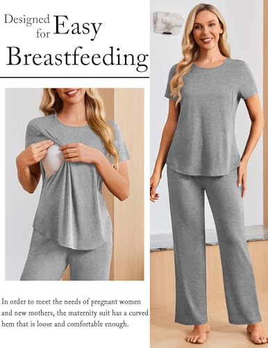 Ekouaer 3 Piece Maternity Nursing Pajamas Set Short Sleeve Breastfeeding Pjs - color: Grey, size: Large
