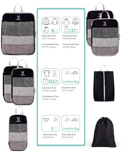 6/8 Set Space Saving Compression Packing Cubes Lightweight Packing Cube - color: Black, size: 8 Pcs(XL,L*2,M*2,S,laundry bag,shoes bag)