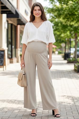 OUGES Womens Lyocell Cotton Maternity Pants Over Belly Smocked Waist Stretchy Casual Wide Leg Palazzo Pants with Pockets - color: Khaki, size: Medium