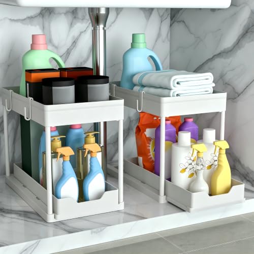 DEKAVA Cabinet, 2 Pack Under Sink Organizer, 2 Tier Sliding Bathroom Kitchen Organizer, Large White ABS Baskets, Easy Install & Clean - color: White