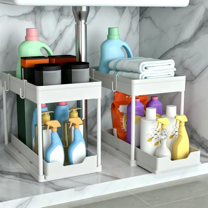 DEKAVA Cabinet, 2 Pack Under Sink Organizer, 2 Tier Sliding Bathroom Kitchen Organizer, Large White ABS Baskets, Easy Install & Clean - color: White