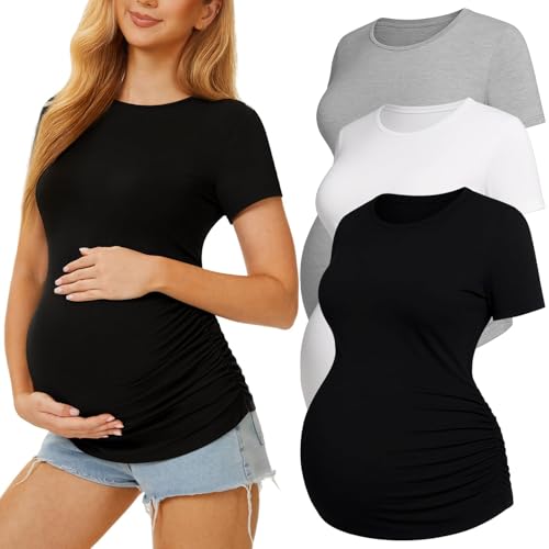 3 Pack Womens Maternity Shirts, Crew Neck Maternity Top Short Sleeve - color: Black/White/Light Grey, size: X-Large