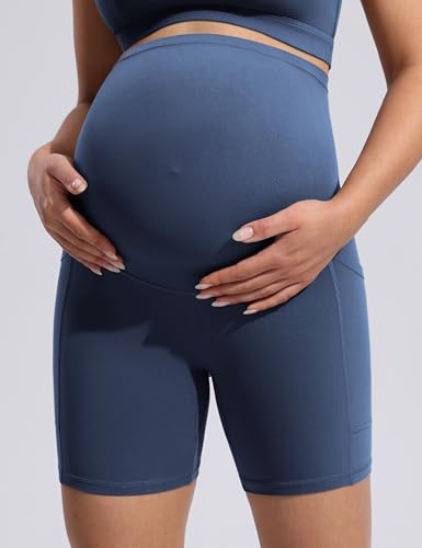 POSHDIVAH Creamluxe Maternity Biker Shorts with Pockets 6"/8" - color: Aegean Blue, size: Large