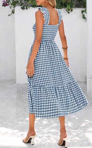 PRETTYGARDEN Women's Summer Dress Casual Ruffle Strap Gingham Midi Sundress - color: Dark Blue, size: Small