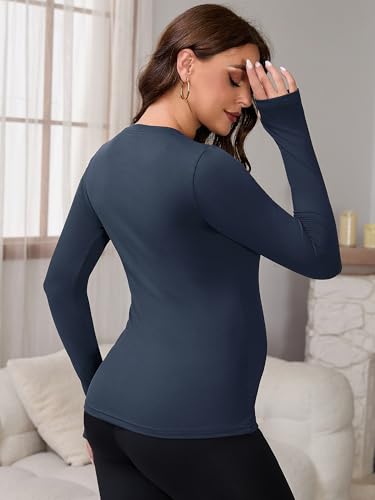 Women Maternity Stretchy Fitted Crew Neck Long Workout Tops - color: Navy Blue, size: X-Large