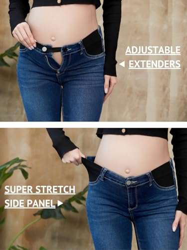 Women's Maternity Jeans Slim Side Stretchy Straight Leg Pregnancy Petite Denim Pants with Pockets - color: Dark Blue, size: Small