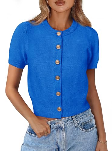 PRETTYGARDEN Womens Summer Cardigan Short Sleeve Sweater - color: Blue, size: Medium