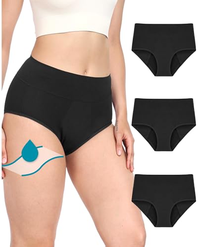 Neione Women's Period Underwear Heavy Flow, High-Waisted Cotton Full Briefs - color: Black, size: Large