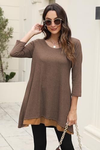 Poetsky Womens 3/4 Sleeve Tunic Tops for Leggings Long Shirts with Pockets - color: Coffee, size: Large