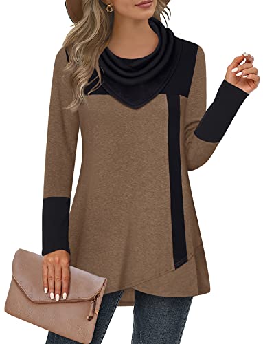 Furnex Women's Long Sleeve Cowl Neck Tunic Top Casual Pullover Sweatshirt - color: Coffee Black, size: X-Large
