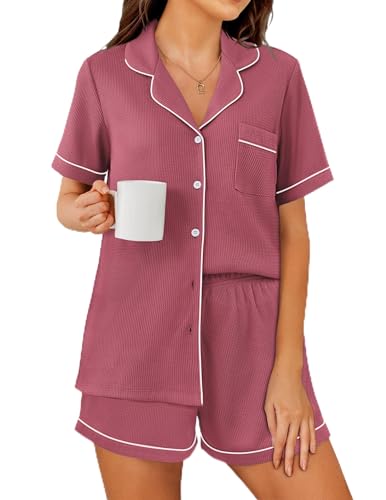 Ekouaer Womens Waffle Knit Pajama Sets Soft Short Sleeve Button Up Pjs - color: Pale Violet Red, size: Small