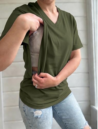 Nursing Shirts for Breastfeeding Women Zipper Maternity Graphic Tee - color: Army Green, size: Medium