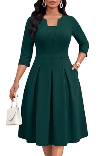 FANDEE Women's Church Midi Dress, 3/4 Sleeve A-Line Fit and Flare Work Dresses with Pockets - color: 003green, size: 3X-Large