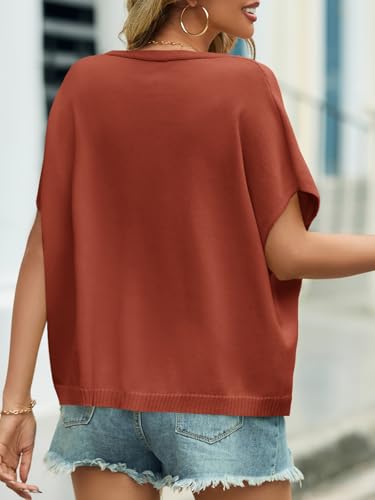 Saodimallsu Womens Fall Short Sleeve Cardigans Sweater Oversized Tops - color: Brick Red, size: Large