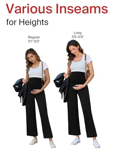Ecavus Women's Maternity Pants Over Belly Seamless Stretchy Work Pants Maternity Wide Leg Pants with Pockets - color: Black-regular, size: Medium