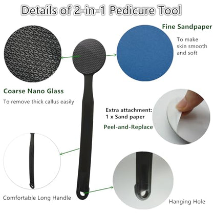 Long Handle Nano Glass Foot File Callus Remover, 2-in-1 Foot Scrubber, Hard & Dead Skin Remover, Double Sided Pedicure Tool Scraper with Sand Paper for Soft and Smooth Feet, Clear Black - color: Clear Black