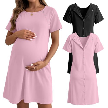 Huukeay 2 Pack Labor and Delivery Gown Maternity Hospital Dress - color: Black, Pink, size: Medium