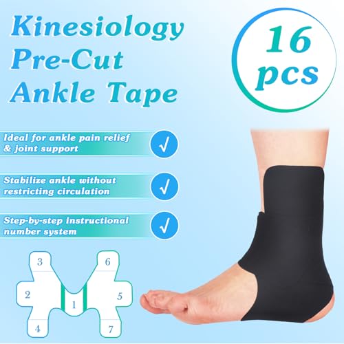 16 Pcs Precut Kinesiology Ankle Tape, Athletic Tape,Black - color: Black