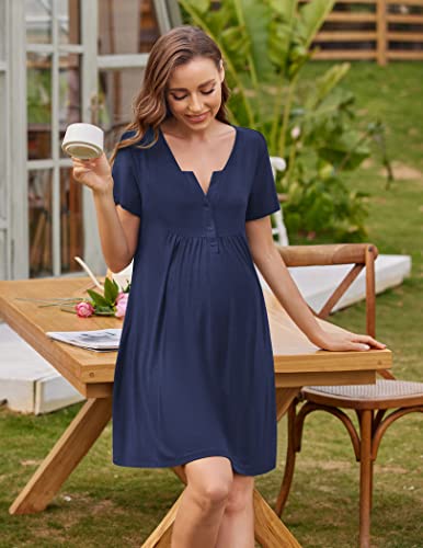 Ekouaer Labor and Delivery Gown Maternity Nursing Nightgown Breastfeeding - color: Navy Blue, size: Small