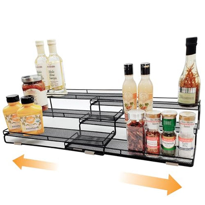 3 Tier Wide Expandable Cabinet Spice Rack Organizer (14.5" to 29.1") - Step Shelf with Protection Railing, Black - color: Large & Wide
