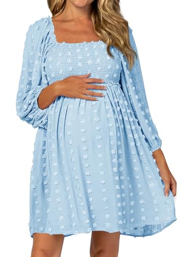 Women's Long Sleeve Maternity Dress Square Neck Swiss Dot Casual Loose Short Dresses - color: Light Blue, size: Medium