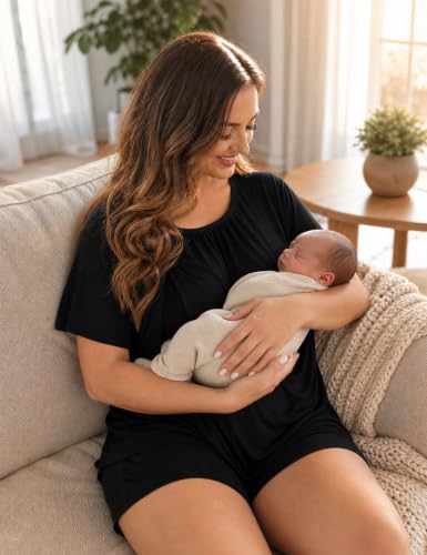 SWOMOG Women 3Pcs Maternity Pajama Set Nursing Pjs Pregnancy Set Breastfeeding Pjs Double Layer with Pockets - color: Black, size: Large