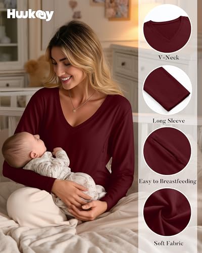 Huukeay 3 Pack Maternity Nursing Tops Breastfeeding Shirts - color: Black, Navy Blue, Wine Red, size: X-Large