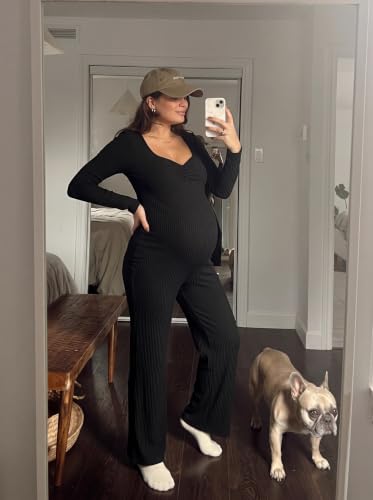 BLENCOT Maternity Ribbed Jumpsuit Long Sleeve Square Neck Stretchy Romper - color: Black, size: Small
