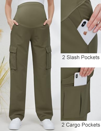 GLAMIX Women's Maternity Cargo Pants with Four Pockets Over The Belly Scrub Pants Pregnancy Clothes - color: Olive, size: X-Large
