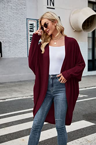 Womens Open Front Knit Cardigan Long Batwing Sleeve Oversized Sweater Chunky Waffle Cable Boho Pockets Coat - color: Burgundy, size: Medium
