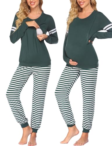 Maternity Pajamas Set Nursing Breastfeeding Postpartum Pregnancy Pjs - color: Green, size: Large