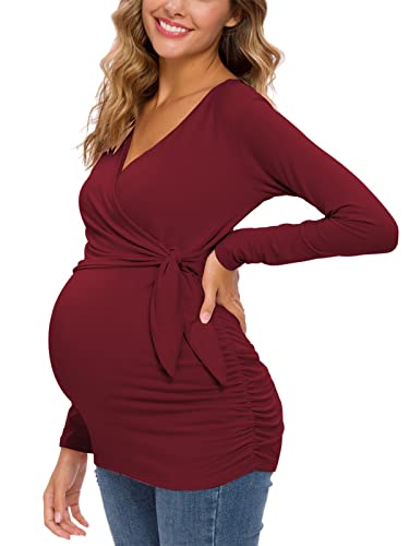 Glampunch Maternity Shirts Short & Long Sleeve Wrap Maternity Tops - color: 01-wine Red, size: Medium