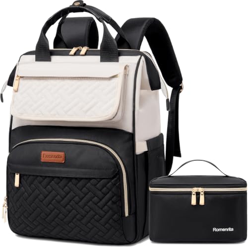 Lunch Backpack For Women, 15.6 Inch Laptop Backpack with Lunchbox - color: Black/Beige