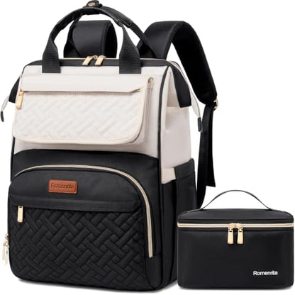 Lunch Backpack For Women, 15.6 Inch Laptop Backpack with Lunchbox - color: Black/Beige