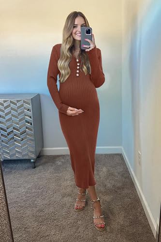 OUGES Women's Wool Maternity Sweater Dress Button Fall Baby Shower Dress - color: Caramel, size: XX-Large