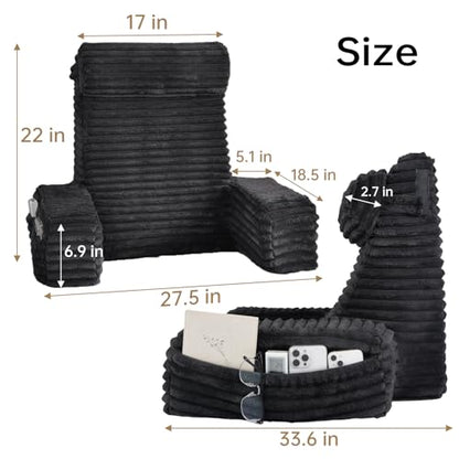 ENITYA 22" XL Back Pillow for Bed Sitting Up with Armrests & Big Pockets - color: Black, size: XL(5'3"-5'11")
