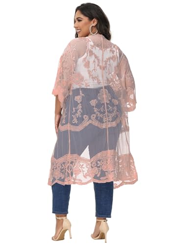 Anna-Kaci Women's Plus Size Lace Cardigan Embroidered Long Kimono Dusters with Half Sleeves - color: Mauve, size: X-Large-XX-Large