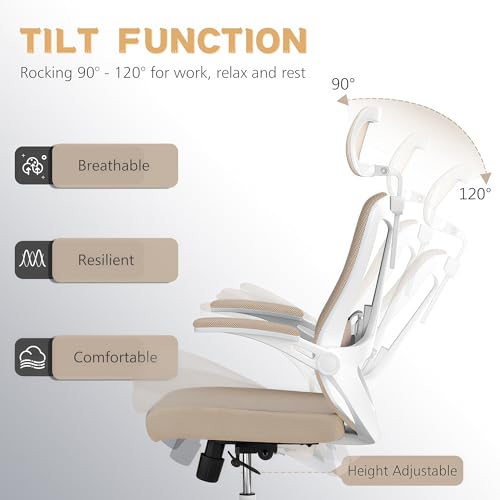 Ergonomic Office Chair - 350LB Comfy Desk Chairs with Adjustable Headrest and Lumbar Back Support, Mesh Computer Chairs with Wheels and Arms for Home Office, Study (Khaki-with Headrest) - color: Khaki