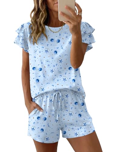 Ekouaer Womens Pajama Sets 2 Piece Ruffle Sleeves Top and Shorts Pjs - color: Blue Star, size: Medium