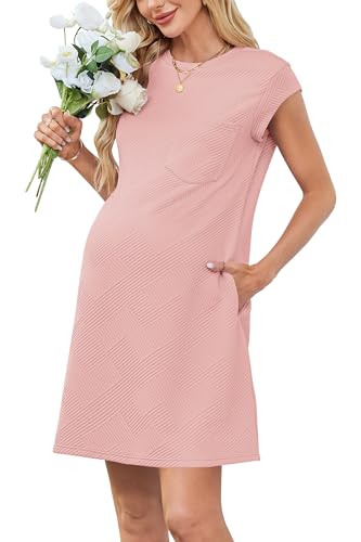 OUGES Women's Summer Casual Cap Sleeve Mini Maternity Dress with Pockets - color: Deep Pink, size: Large