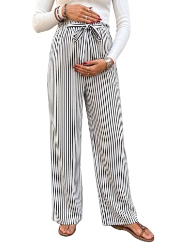 BLENCOT Striped Maternity Pants Tie Waist Fall Pregnancy Postpartum Outfits - color: Black, size: Large