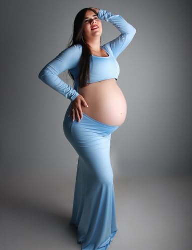 Women's Maternity Elegant Fitted Maxi Dress for Photoshoot - color: Light Blue, size: Large