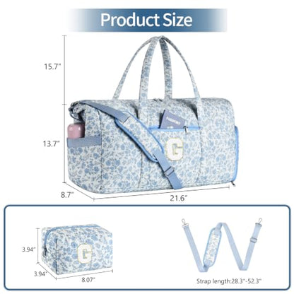 Personalized Quilted Duffle Bag for Travel Gym Weekender Hospital Carry On - color: Blue Flower, size: G