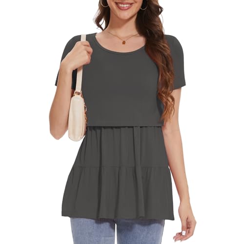 Bearsland Short Sleeve Nursing Top - color: Iron Gray‌ & Pastel Pink & Light Blue, size: Large